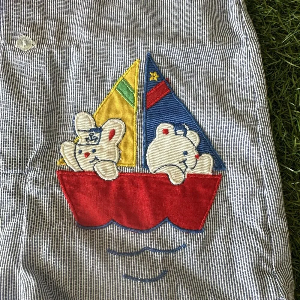 Vtg‎ 80s Sailor Romper Outfit Infant Size 6-9 Months Blue White Stripe Bear Boat